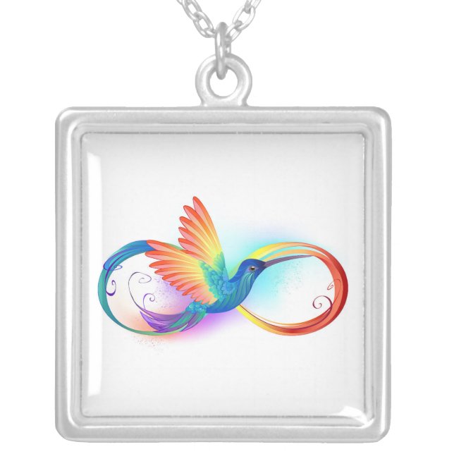 Rainbow Hummingbird with Infinity symbol Silver Plated Necklace (Front)