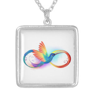 Rainbow Hummingbird with Infinity symbol Silver Plated Necklace