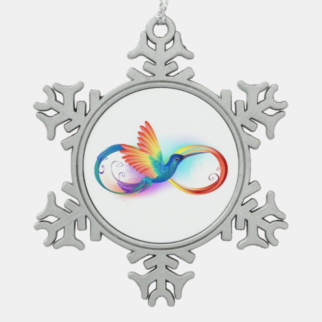 Rainbow Hummingbird with Infinity symbol Snowflake Pewter Christmas Ornament (Front)