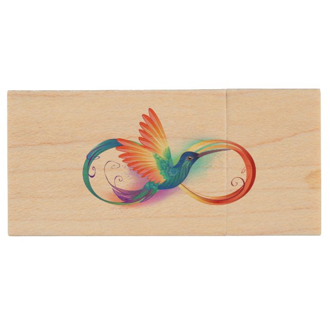 Rainbow Hummingbird with Infinity symbol Wood Flash Drive (Front)