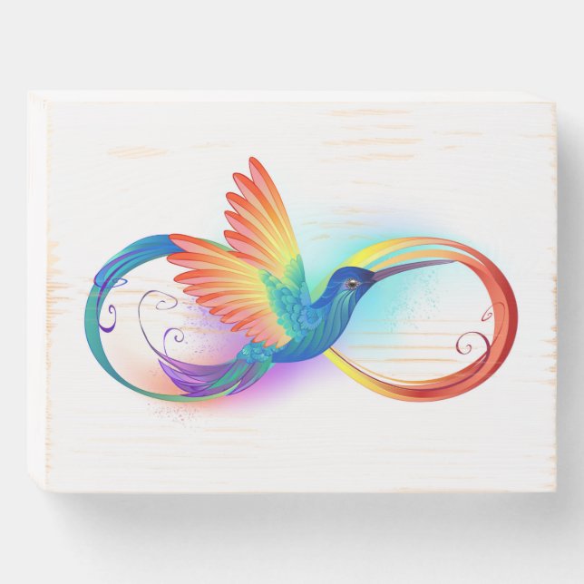 Rainbow Hummingbird with Infinity symbol Wooden Box Sign (Front Horizontal)