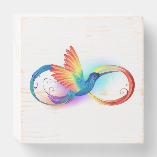 Rainbow Hummingbird with Infinity symbol Wooden Box Sign (Front Horizontal)