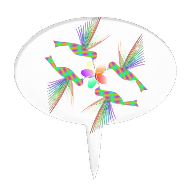 Rainbow Hummingbirds Kissing A Flower Cake Topper (Front)