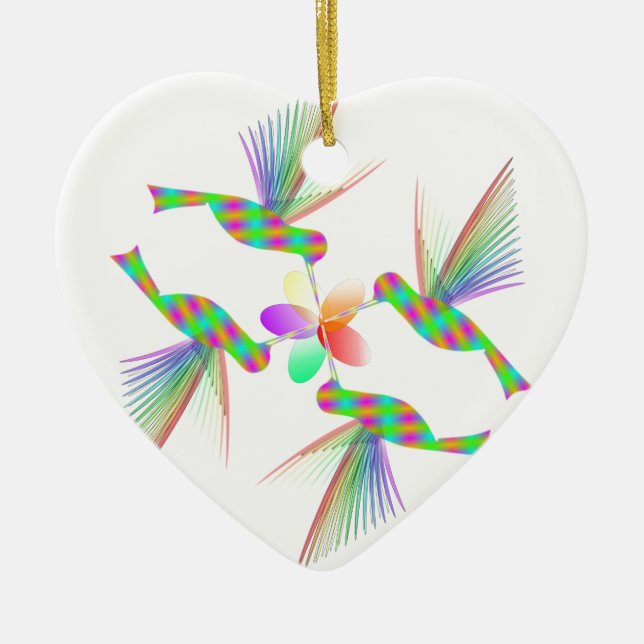 Rainbow Hummingbirds Kissing A Flower Ceramic Ornament (Front)