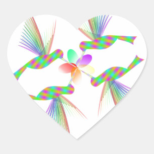 Rainbow Hummingbirds Kissing A Flower Heart Sticker