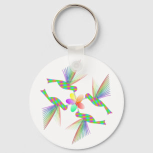 Rainbow Hummingbirds Kissing A Flower Keychain