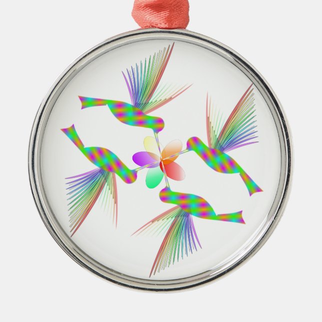 Rainbow Hummingbirds Kissing A Flower Metal Ornament (Front)