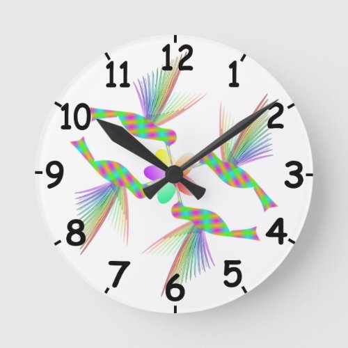 Rainbow Hummingbirds Kissing A Flower Round Clock