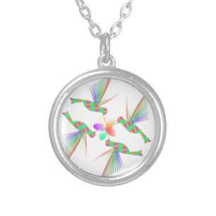 Rainbow Hummingbirds Kissing A Flower Silver Plated Necklace