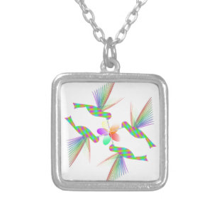 Rainbow Hummingbirds Kissing A Flower Silver Plated Necklace