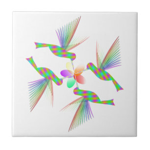 Rainbow Hummingbirds Kissing A Flower Tile