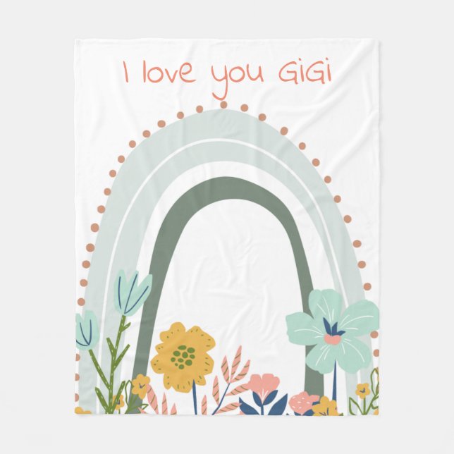 Rainbow I love You GiGi Blue with Flowers Fleece Blanket (Front)
