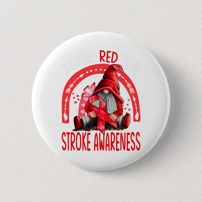 Rainbow I Wear Red Stroke Awareness Gnomes Button (Front)