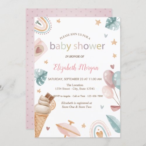 Rainbow Ice cream Balloons Dots Baby Shower  Invitation