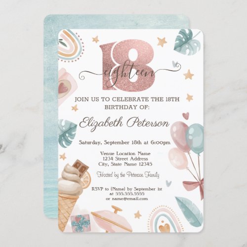 RainbowIce creamBalloons Summer 18th Birthday  Invitation