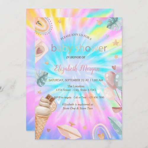 Rainbow Ice cream Balloons Tie Dye Baby Shower  Invitation