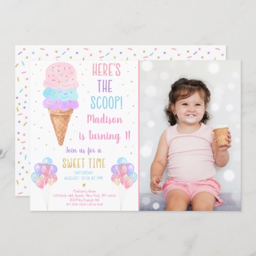 Rainbow Ice Cream Heres The Scoop Birthday Invitation