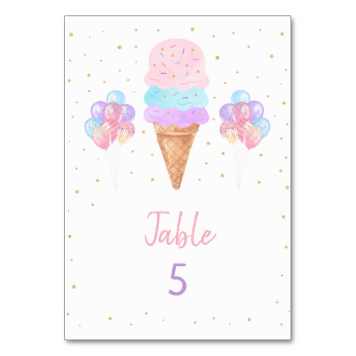 Rainbow Ice Cream Pink Gold Birthday Table Number