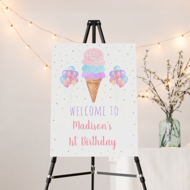 Rainbow Ice Cream Pink Gold Birthday Welcome Foam Board (In Situ (Stand))