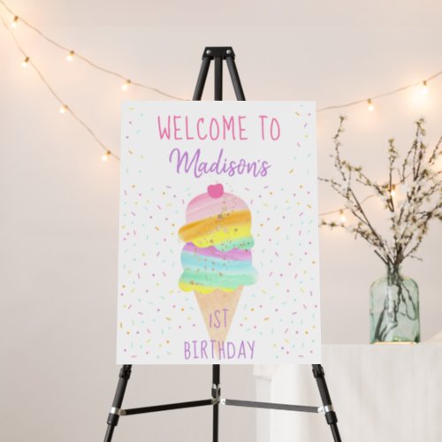 Rainbow Ice Cream Pink Gold Birthday Welcome Foam Board