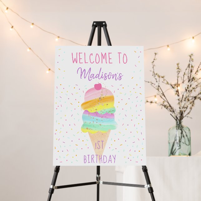 Rainbow Ice Cream Pink Gold Birthday Welcome Foam Board (In Situ (Stand))