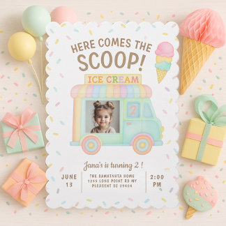Rainbow Ice Cream Truck Photo Birthday Invitation