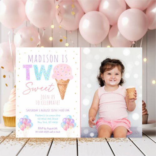 Rainbow Ice Cream Two Sweet Birthday Invitation