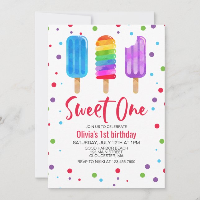 Rainbow Ice Pops Sweet One 1st Birthday Invitation (Front)