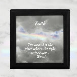 Rainbow in Stormy Sky Quote with Name wooden Gift Box<br><div class="desc">"The wound is the place where the light enters you", the thought provoking quote of Rumi, a 13th century Persian poet, is highlighted against a gray stormy sky in this beautiful wooden keepsake gift box. A promising rainbow shines through a break in the grey storm clouds in a naturally beautiful...</div>