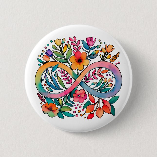  Rainbow Infinity Watercolor Flowers Autism Button (Front)