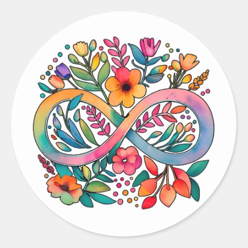  Rainbow Infinity Watercolor Flowers Autism Classic Round Sticker