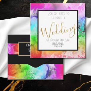 Rainbow Ink Black Minimalist Elegant Script  All In One Invitation