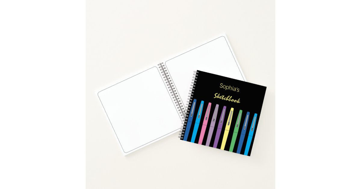 Rainbow Ink Pens Kid Black Sketchbook with Name Notebook