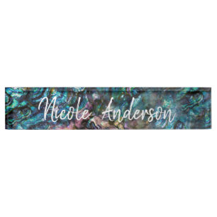 Rainbow Iridescent Abalone Sea Shell Office Desk Name Plate