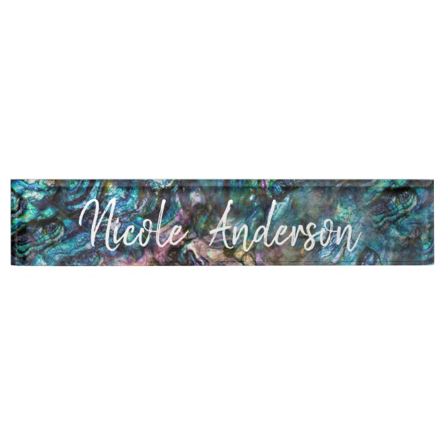 Rainbow Iridescent Abalone Sea Shell Office Desk Name Plate (Front)