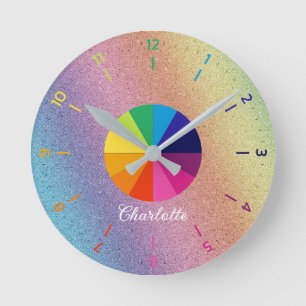 Rainbow Iridescent Foil Pink Educational Children Round Clock