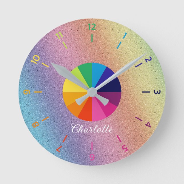 Rainbow Iridescent Foil Pink Educational Children Round Clock (Front)