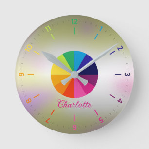 Rainbow Iridescent Girly Pink Educational Children Round Clock