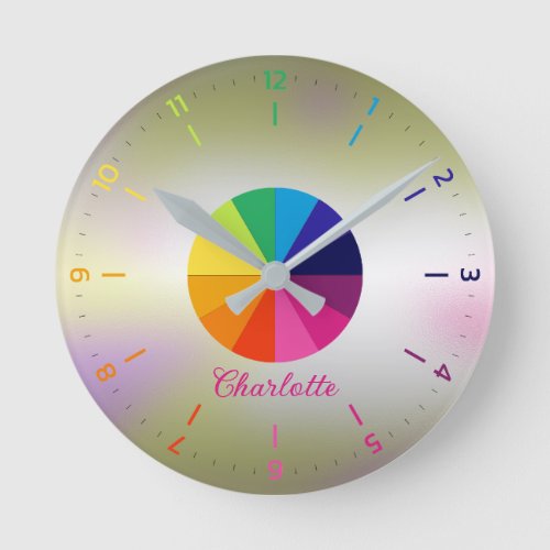 Rainbow Iridescent Girly Pink Educational Children Round Clock