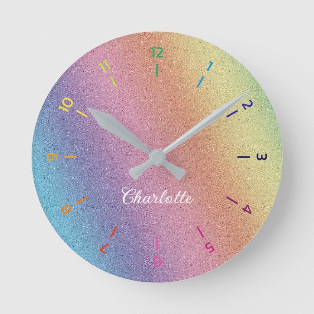 Rainbow Iridescent Glitter Personalized Children Round Clock (Front)