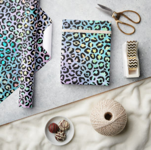 Rainbow Iridescent Gradient and Leopard Spots Wrapping Paper