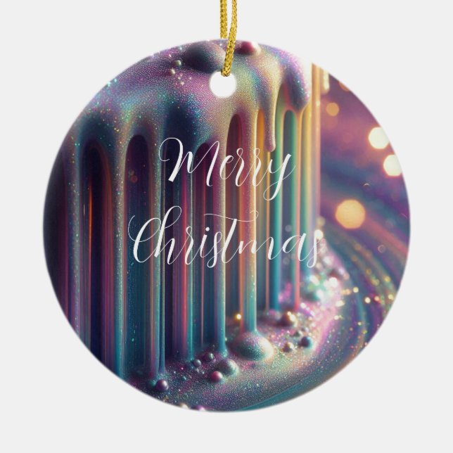 Rainbow Iridescent Liquid Drips Christmas Ceramic Ornament (Front)