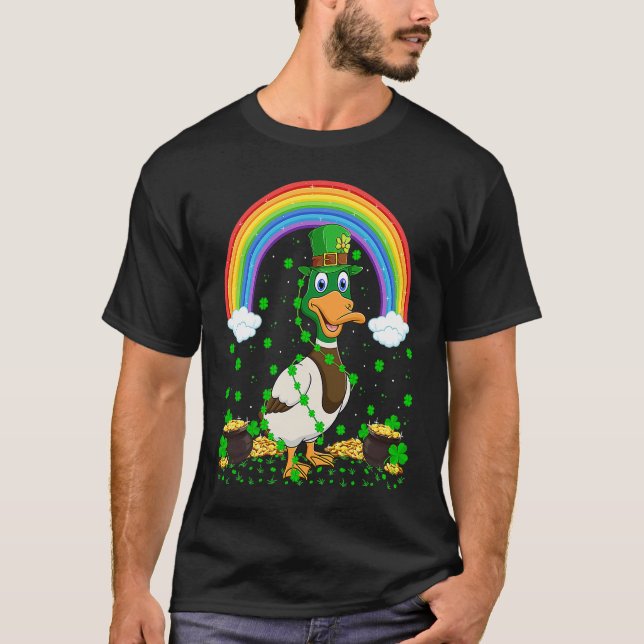 Rainbow Irish Shamrock Duck Bird St Patrick's Day T-Shirt (Front)