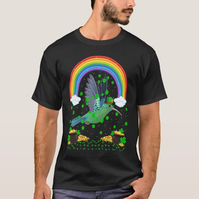 Rainbow Irish Shamrock Hummingbird St Patrick's Da T-Shirt (Front)