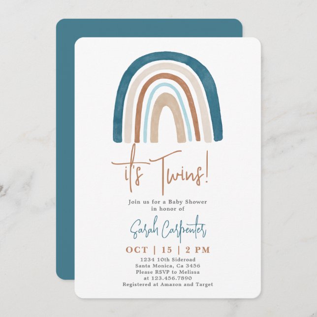 Rainbow it's Twins Baby Shower Boy Invitation (Front/Back)