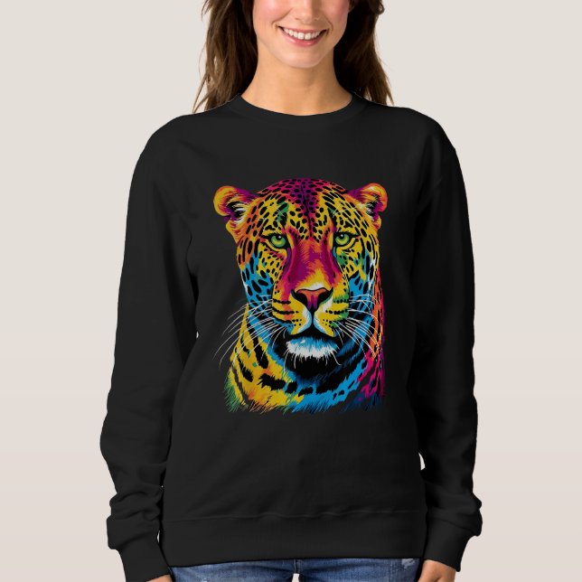 Rainbow Jaguar Big Cat Lover Print Graphic Abstrac Sweatshirt (Front)