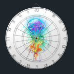 Rainbow jellyfish dart board<br><div class="desc">Large,  iridescent,  artistically drawn,  bright jellyfish,  with long tentacles on white,  painted over with multicolored watercolor background. Rainbow jellyfish.</div>
