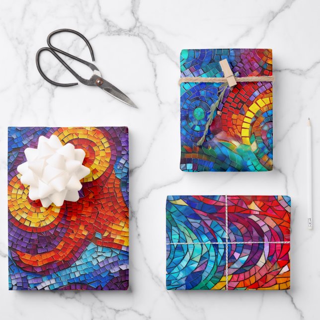 Rainbow Jewel Tone Mosaic Glass Pattern Birthday Wrapping Paper Sheets (Front)
