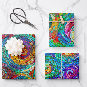Rainbow Jewel Tone Mosaic Glass Pattern Birthday Wrapping Paper Sheets