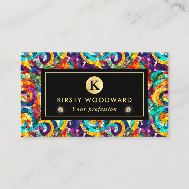 Rainbow Jewel Tone Mosaic Glass Pattern Business Card (Front)